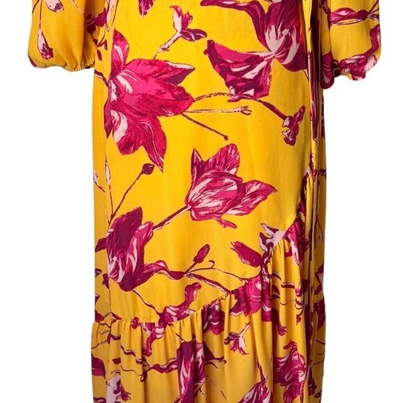 Color Me‎ Courtney Dress Womens Small Yellow Red Floral Print Eleanor Wrap Midi - Picture 7 of 12